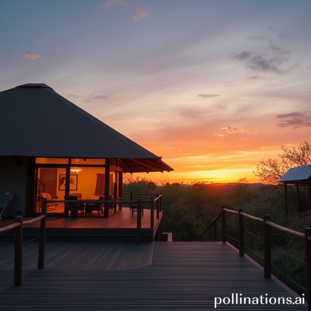 Luxury remote lodge at sunset with solar power
